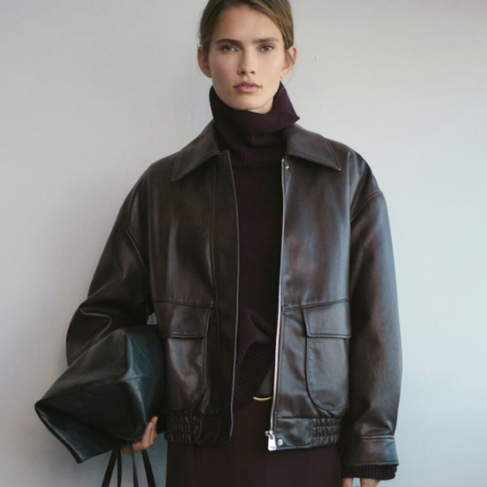 Oversized brown leather jacket Mango
